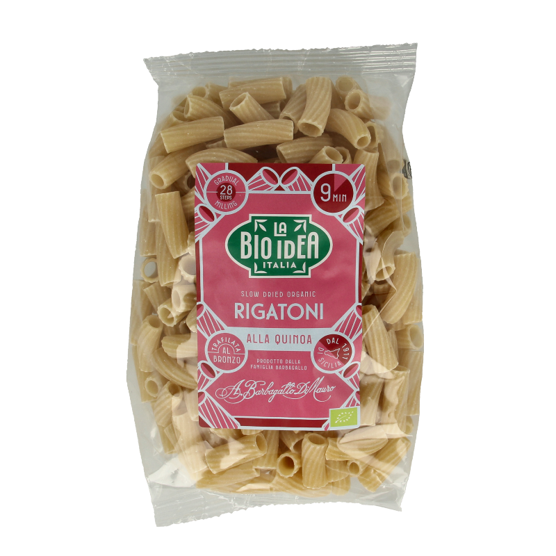 Bioidea quinoa rigatoni pasta in a 500g package, gluten-free rice pasta with a textured surface, ready for cooking.