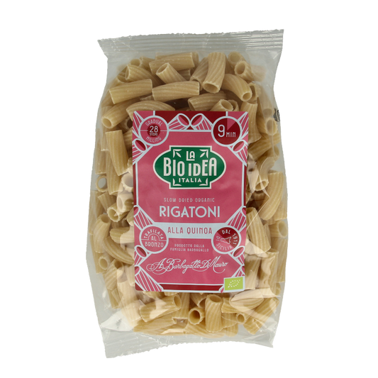 Bioidea quinoa rigatoni pasta in a 500g package, gluten-free rice pasta with a textured surface, ready for cooking.