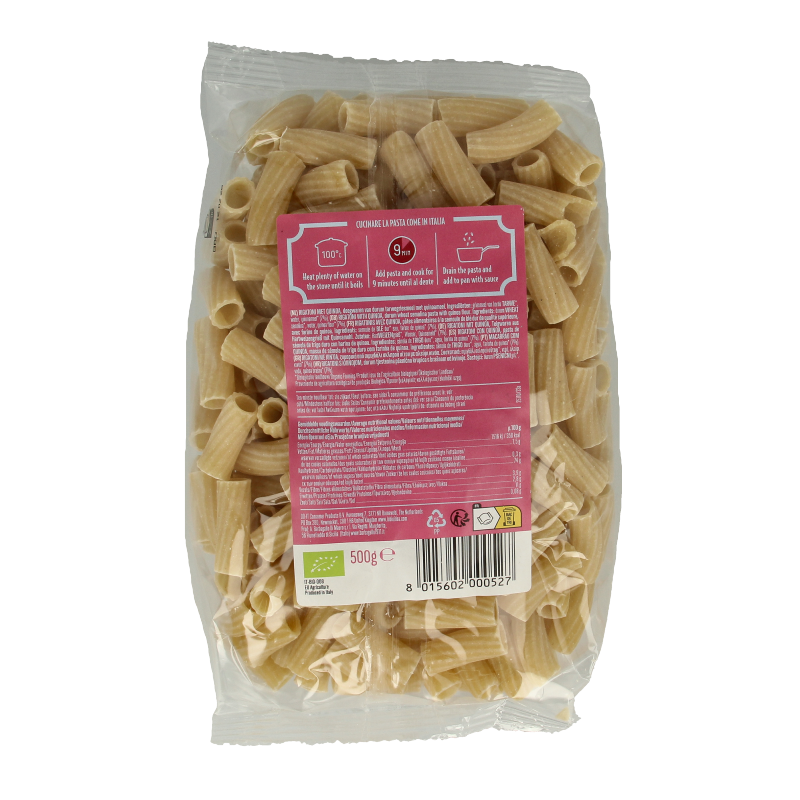 Bioidea quinoa rigatoni pasta in a 500g package, gluten-free rice pasta with a textured surface and ridged shape.