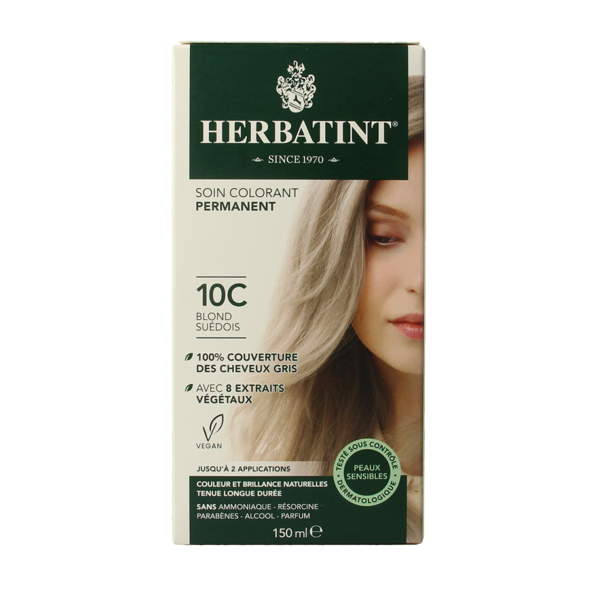 Herbatint 10C Zweeds blond hair coloring bottle, 150ml, natural herbal hair dye product.