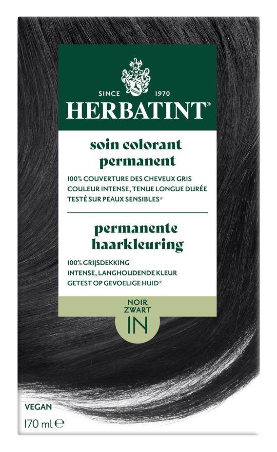 Herbatint 1N zwart hair coloring tube, 170ml, with black hair dye product and packaging visible.