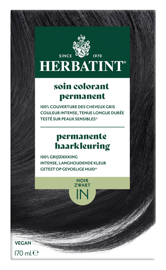 Herbatint 1N zwart hair coloring tube, 170ml, with black hair dye product and packaging visible.