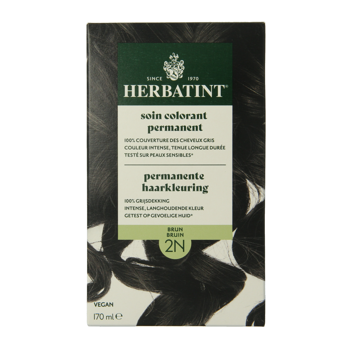 Herbatint 2N Brown hair coloring bottle showing the 170ml container and label with product details.