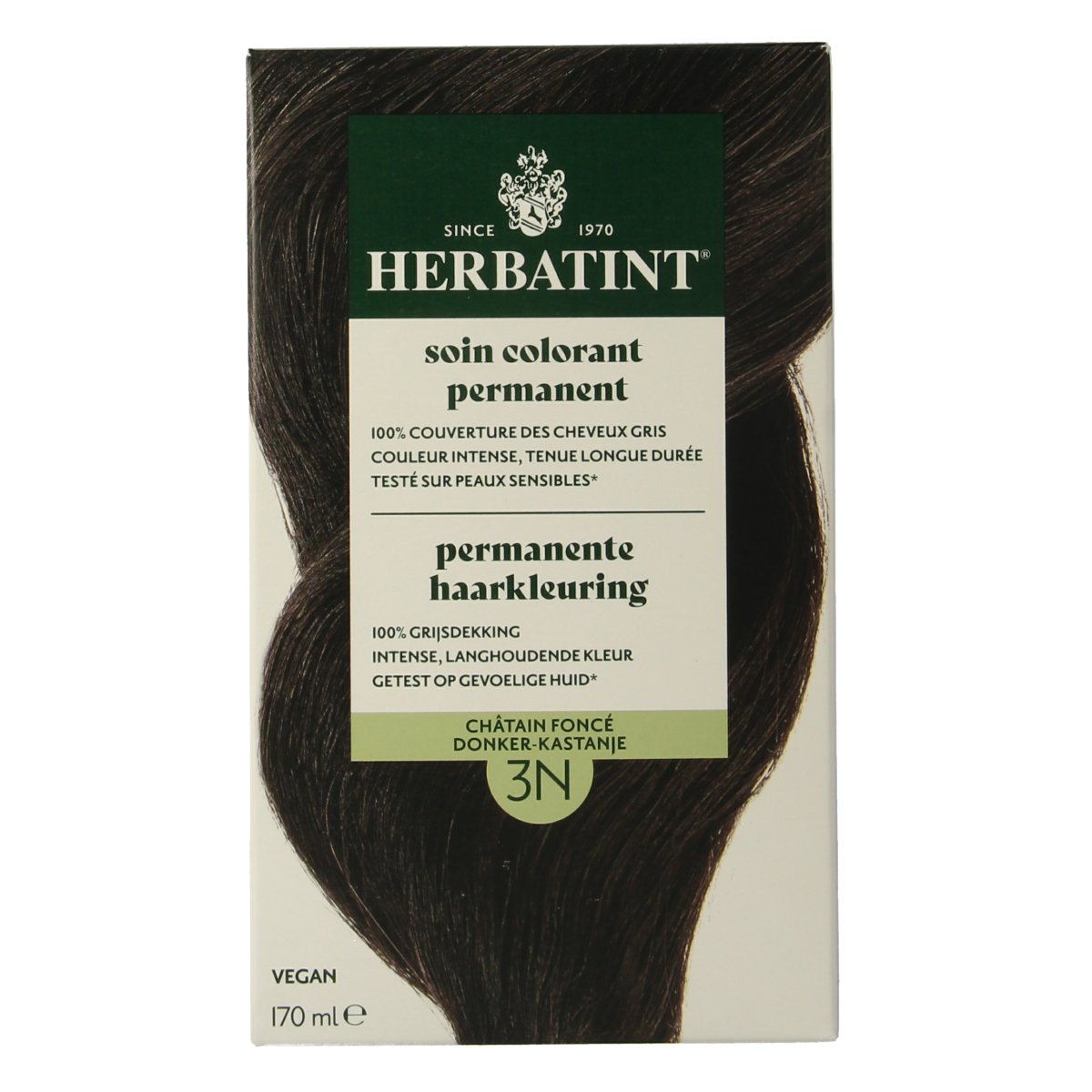 Herbatint 3N Donker Kastanje hair coloring cream in 170ml bottle, showcasing the product and packaging.