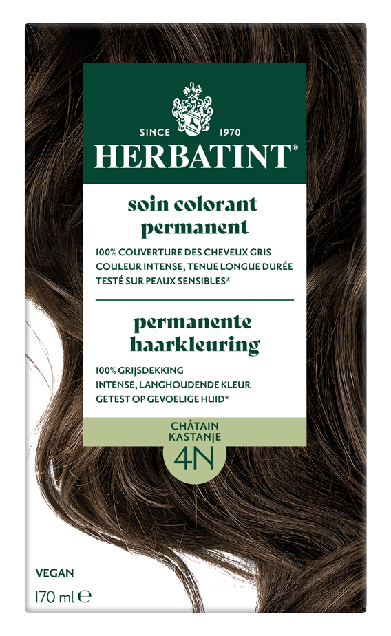 Herbatint 4N Kastanje hair coloring cream in 170ml bottle, natural brown shade, with packaging and applicator in the image.