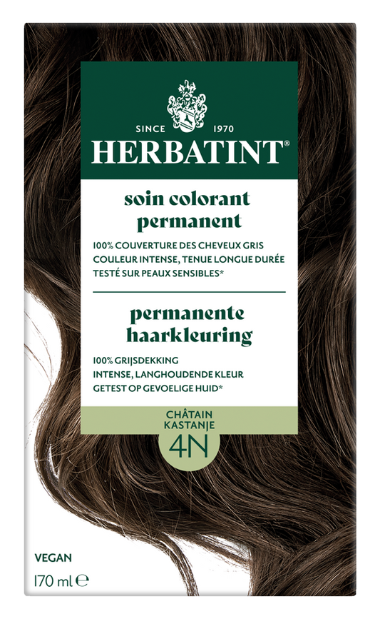 Herbatint 4N Kastanje hair coloring cream in 170ml bottle, natural brown shade, with packaging and applicator in the image.