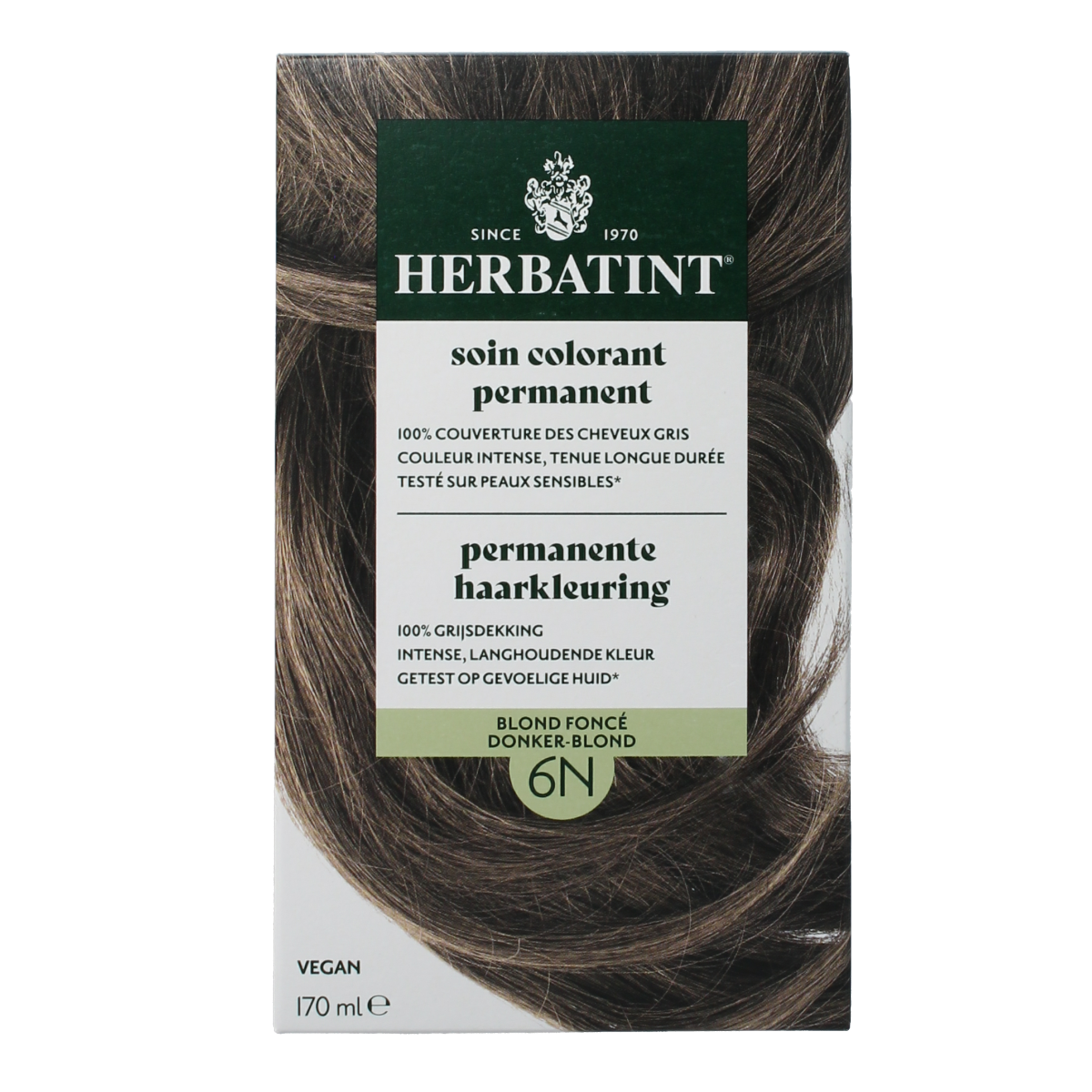 Herbatint 6N dark blond hair coloring cream in 170ml bottle, featuring natural hair dye product with packaging and brand label.