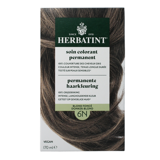 Herbatint 6N dark blond hair coloring cream in 170ml bottle, featuring natural hair dye product with packaging and brand label.