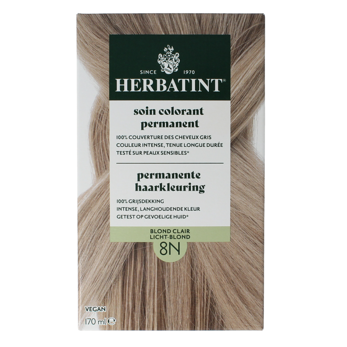 Herbatint 8N light blonde hair coloring cream in 170ml bottle, with the product label and packaging visible.