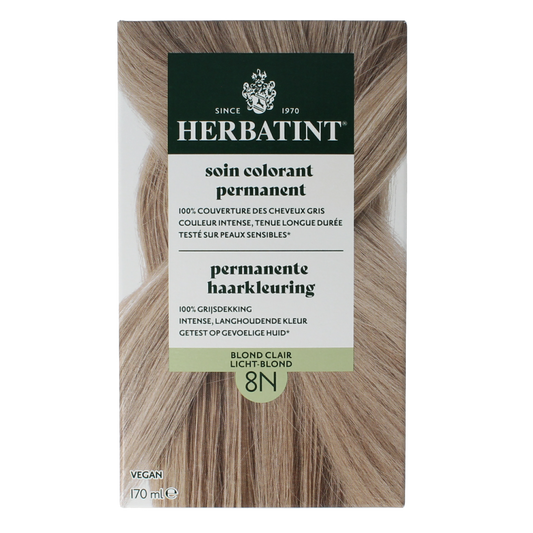 Herbatint 8N light blonde hair coloring cream in 170ml bottle, with the product label and packaging visible.