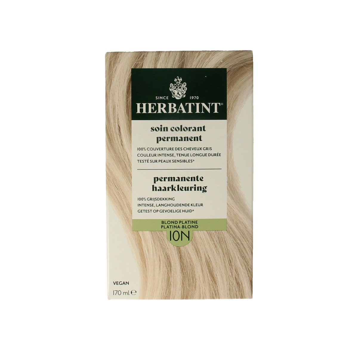 Herbatint 10N Platinum Blond hair coloring box with 170ml bottle showing product packaging and branding