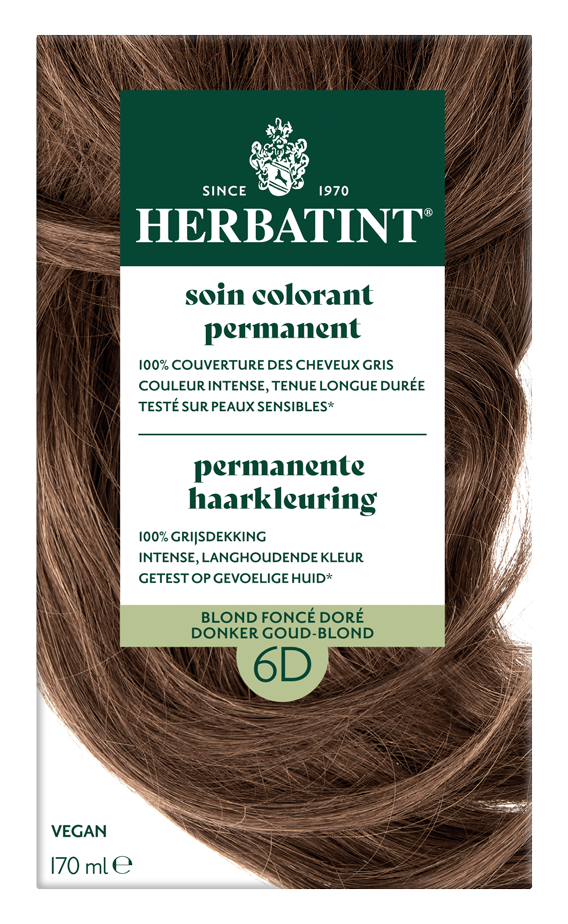 Herbatint 6D donker goudblond hair dye bottle, 170ml, with product label and cap showing on a white background.