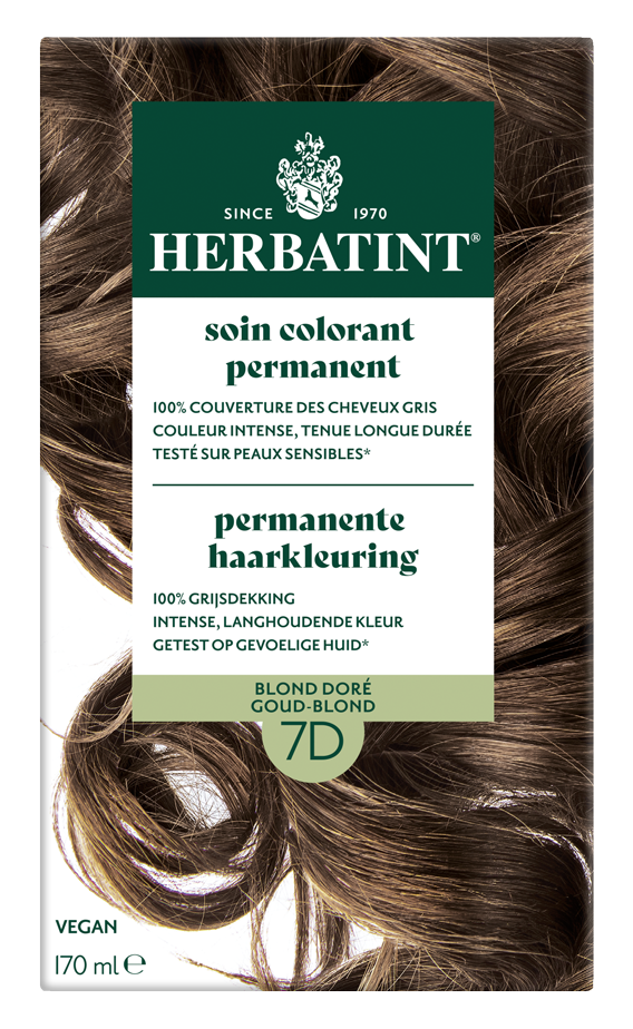 Herbatint 7D Goudblond hair coloring tube and box, natural hair dye product in 170ml bottle with label.