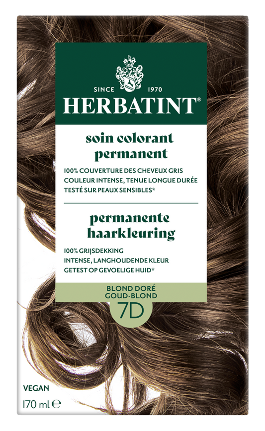 Herbatint 7D Goudblond hair coloring tube and box, natural hair dye product in 170ml bottle with label.
