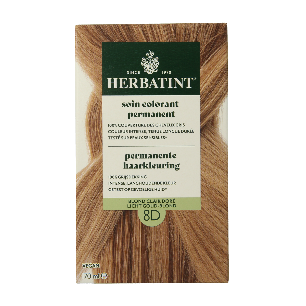 Herbatint 8D Licht goud blond hair coloring tube with 170ml of light golden blond color for natural-looking hair.