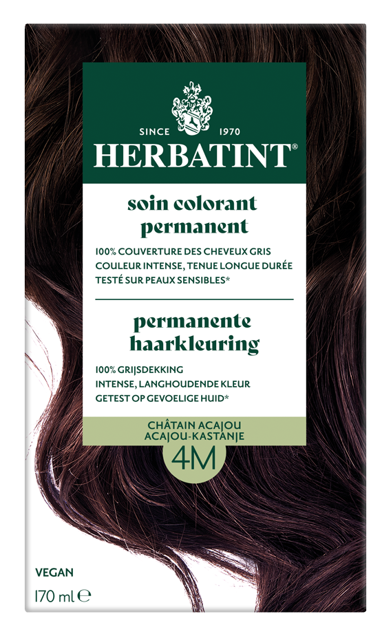 Herbatint 4M acajou kastanje hair coloring cream in 170ml bottle, showcasing rich mahogany and chestnut tones.