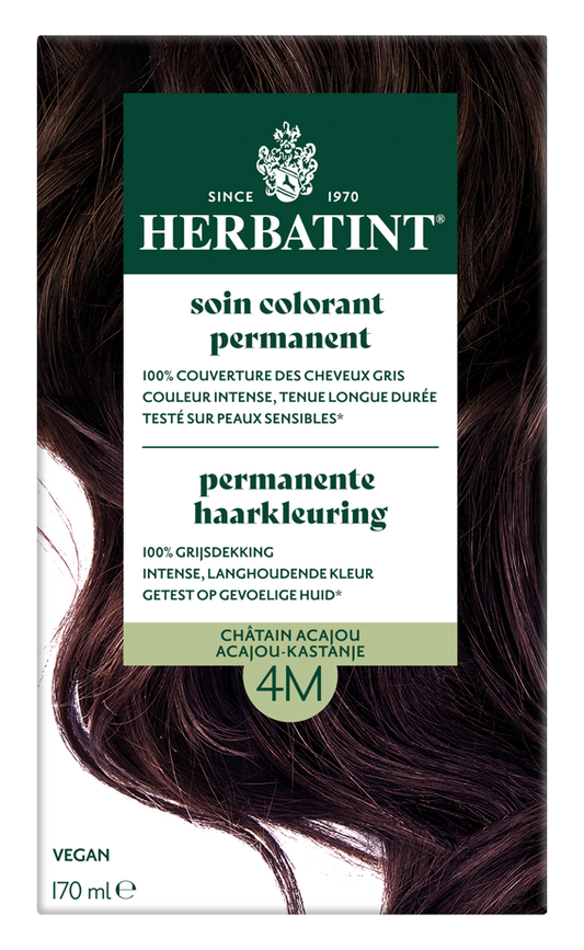 Herbatint 4M acajou kastanje hair coloring cream in 170ml bottle, showcasing rich mahogany and chestnut tones.
