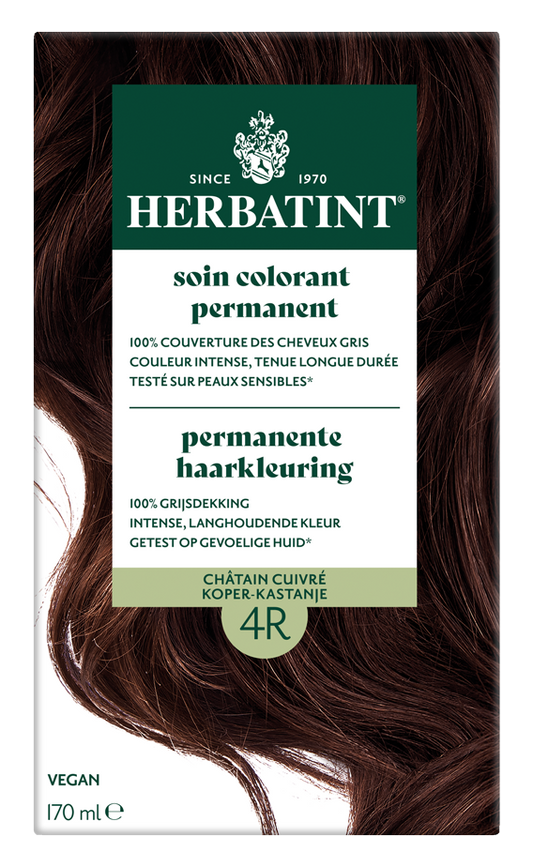 Herbatint 4R Koper Kastanje hair coloring tube, 170ml, showing rich chestnut copper shade and product packaging.