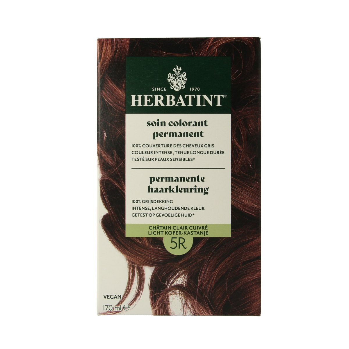 Herbatint 5R Licht koperkastanje hair coloring cream in 170ml bottle, natural copper chestnut shade for hair coloring.