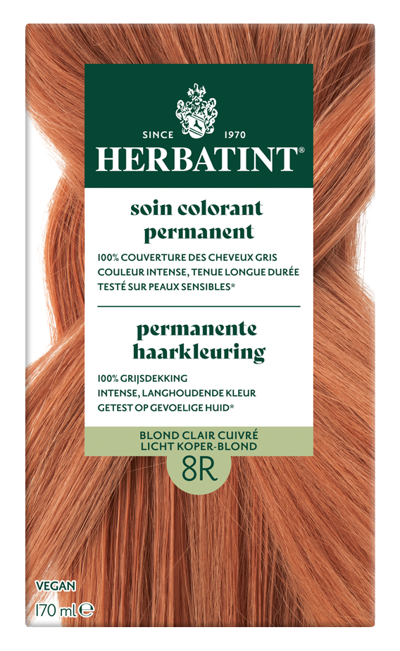 Herbatint 8R Licht koper blond hair coloring tube, 170ml, showing the copper blonde hair dye product.