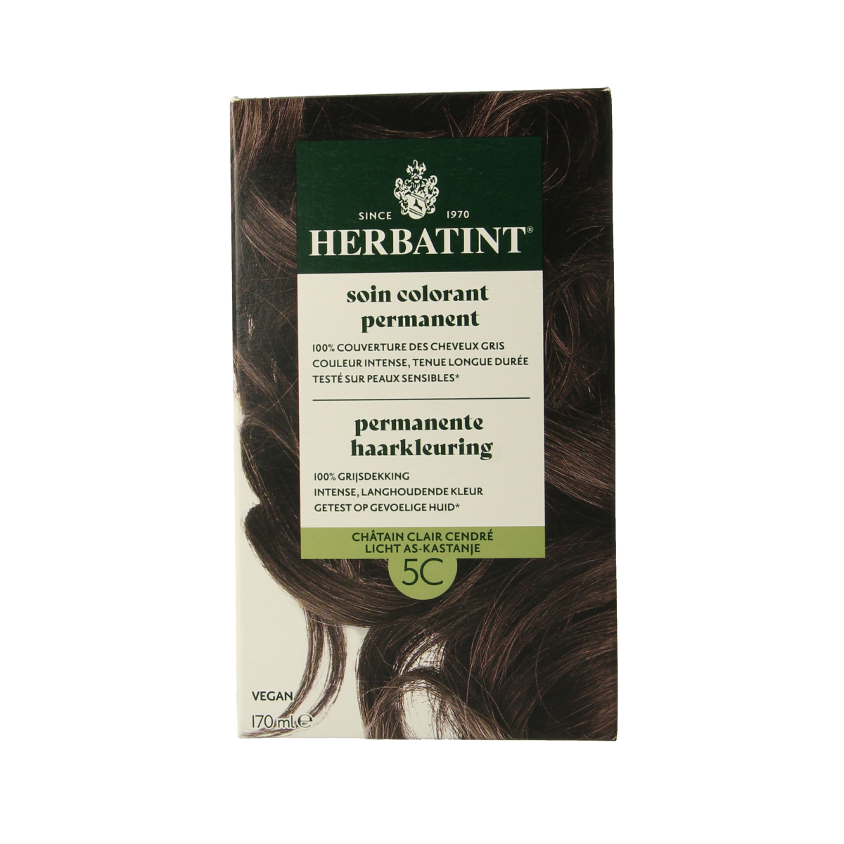 Herbatint 5C Licht as-kastanje hair coloring gel in 170ml bottle, natural chestnut shade with creamy consistency