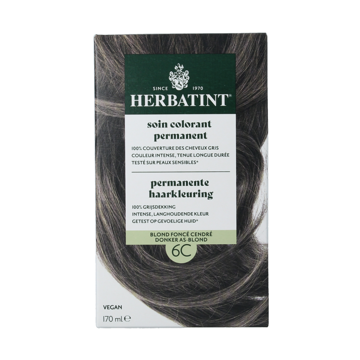 Herbatint dark ash blonde hair dye in 170ml bottle, natural hair coloring product with shade 6C for vibrant, lasting color.