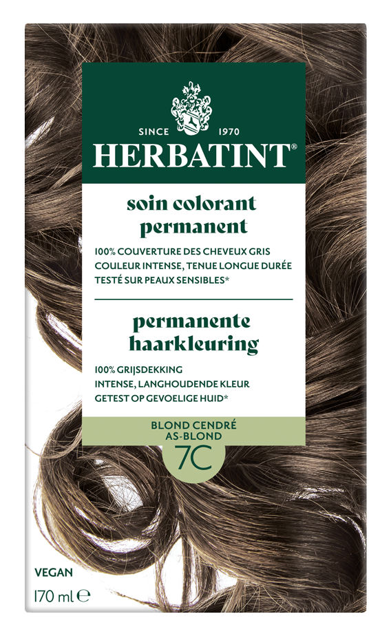 Herbatint 7C Asblond permanent hair coloring tube, 170ml, with color swatch and brand logo on the packaging.