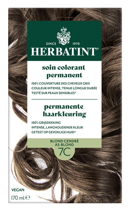Herbatint 7C Asblond permanent hair coloring tube, 170ml, with color swatch and brand logo on the packaging.
