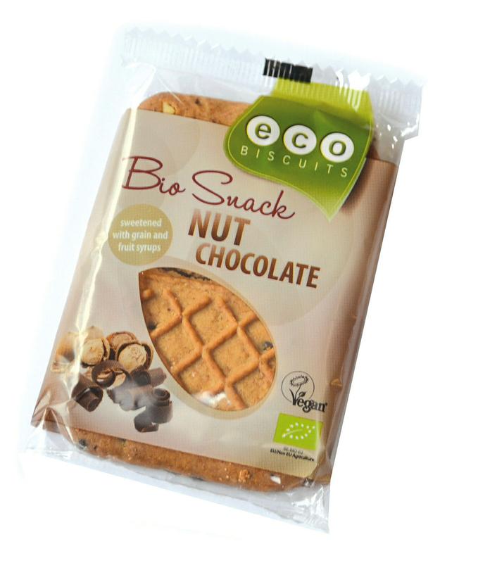 Eco Biscuit bio chocolate and nut biscuit koeken, 45g, with visible chocolate chunks and nut pieces on a white background.