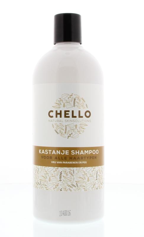 Chello kastanje shampoo bottle, 500ml, for hair care, with a brown cap and label, displayed on a plain background