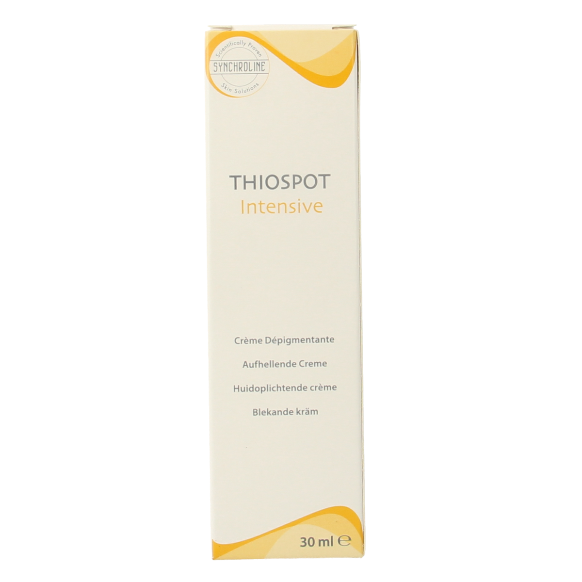 Synchroline Thiospot intensive skin cream in 30ml tube, body care product with white and blue packaging.