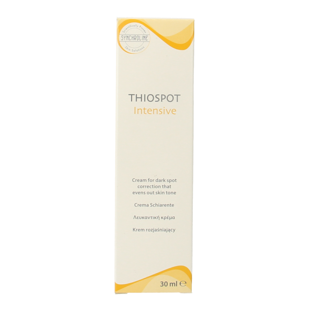Synchroline Thiospot intensive skin cream 30ml, body care product with white cream in a tube, designed for skin treatment.