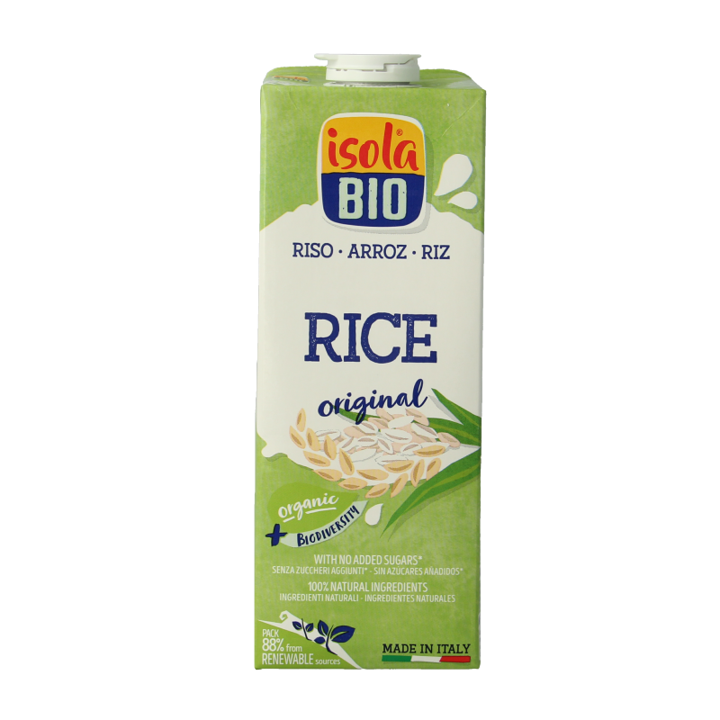 Bottle of Isola Bio natural organic rice drink in 1-liter packaging, showcasing the product label and clear plastic bottle.