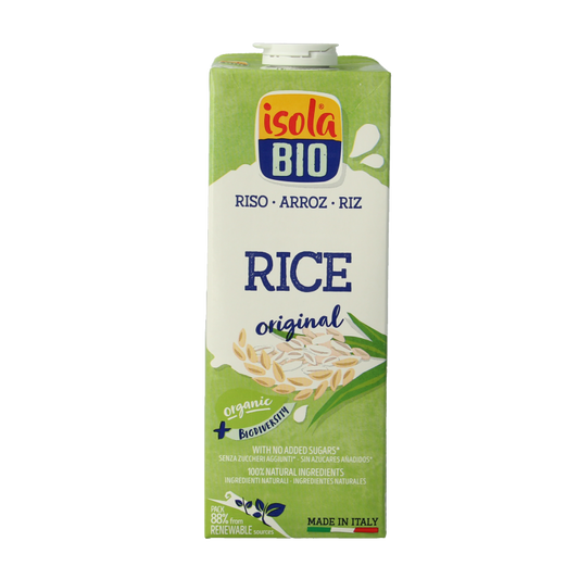 Bottle of Isola Bio natural organic rice drink in 1-liter packaging, showcasing the product label and clear plastic bottle.