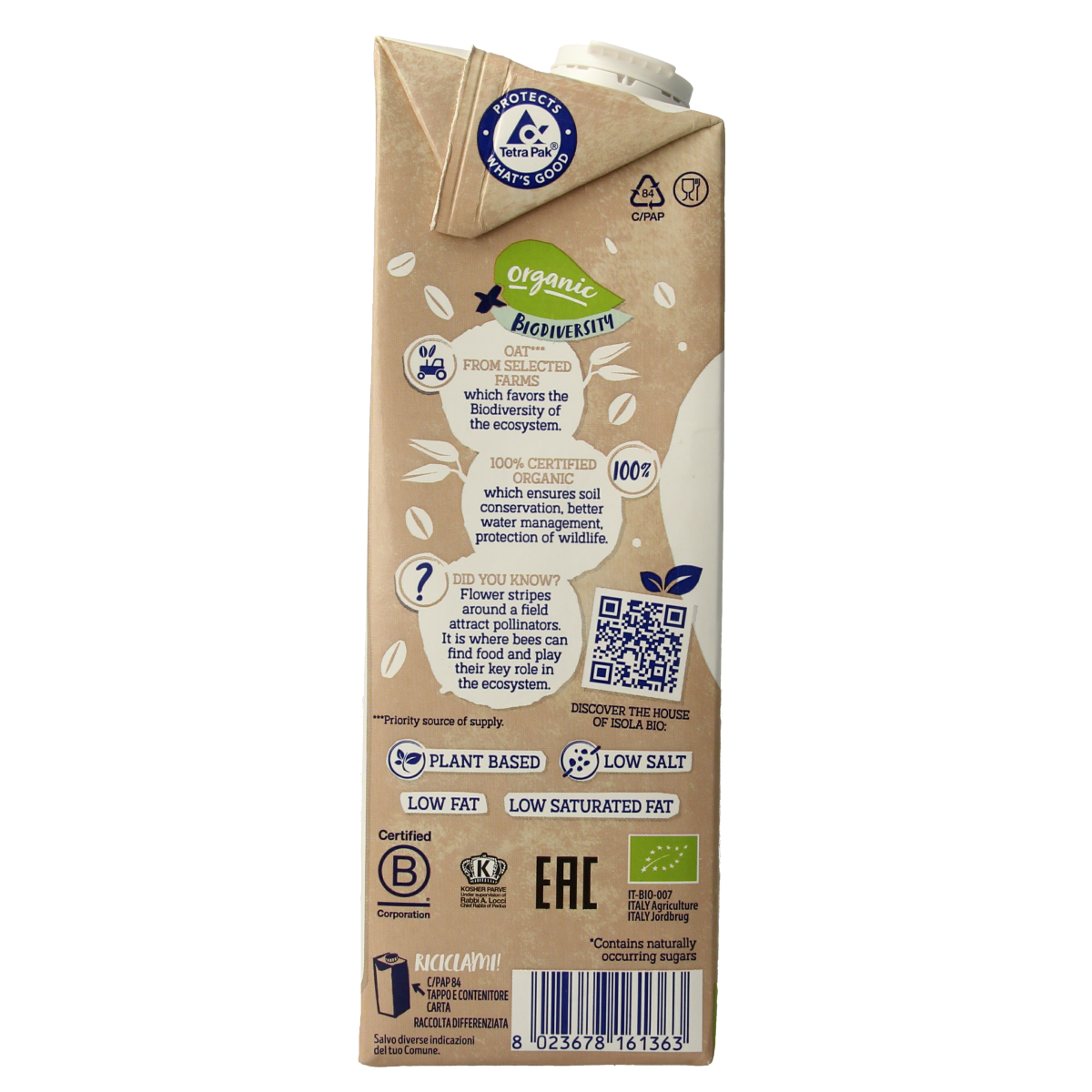 Organic Isola Bio oat drink in a 1-liter carton, featuring a smooth, natural appearance of the beverage in a clear glass.