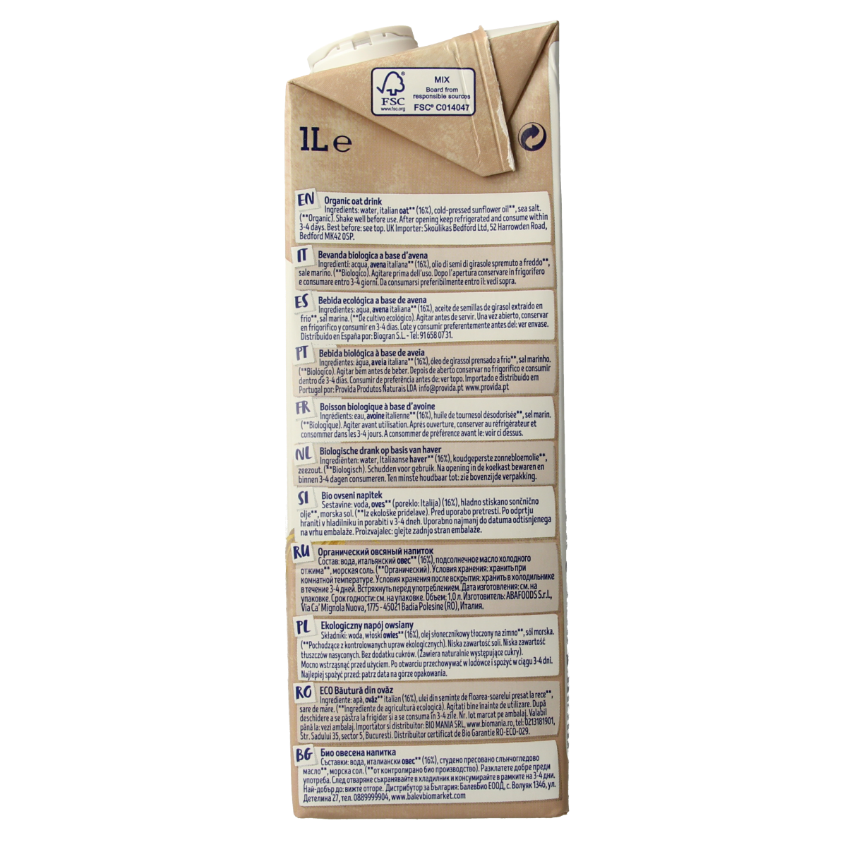 Organic Isola Bio Haverdrank in a 1-liter carton, showcasing a creamy oat drink with a light beige color.