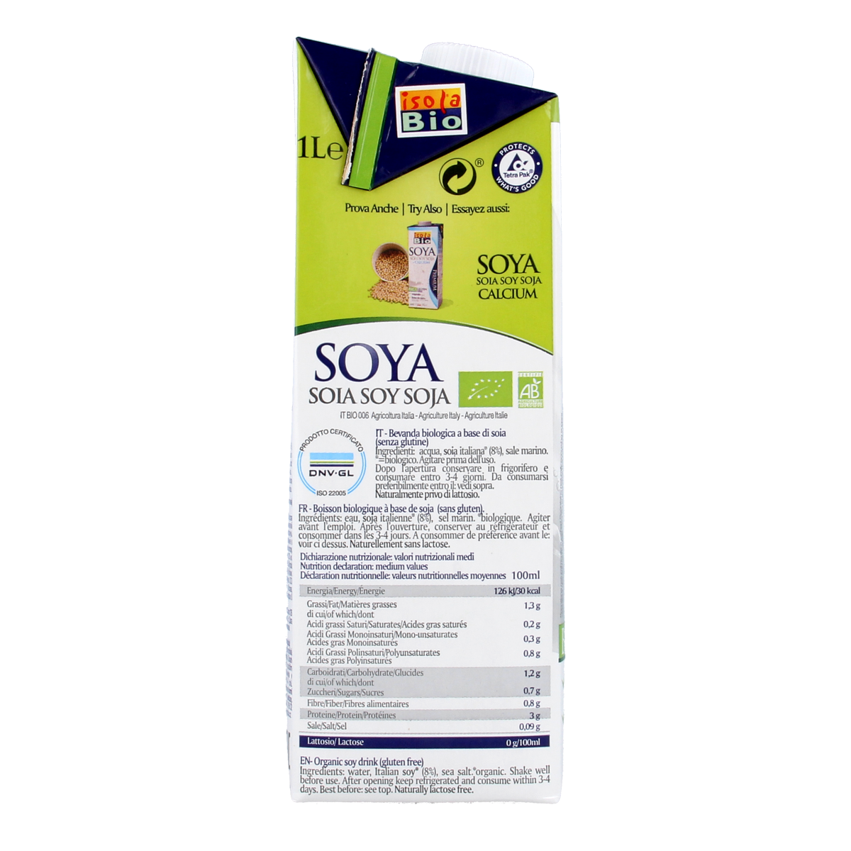 Isola Bio Sojadrank naturel bio in a 1-liter bottle, organic soy drink with a smooth, creamy texture and natural flavor.