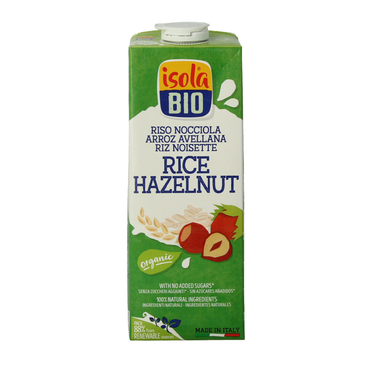 Organic hazelnut rice drink by Isola Bio in a 1-liter carton, showcasing the packaging and product label.