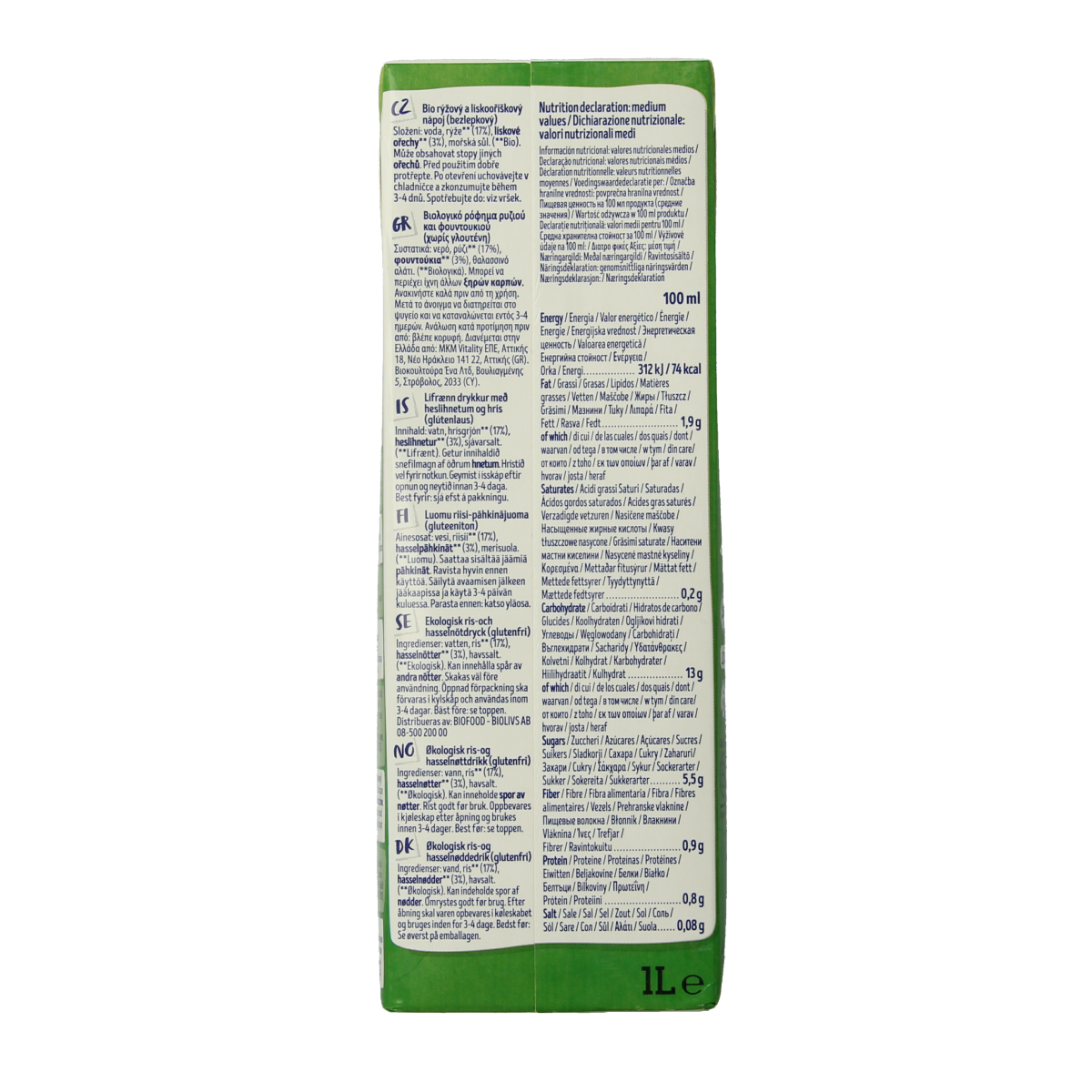 Isola Bio hazelnut rice drink in a 1-liter carton, dairy-free beverage from the Dranken en Sappen category.