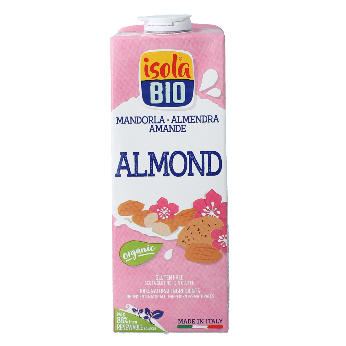Organic Isola Bio almond drink in a 1-liter carton, showcasing a creamy almond beverage with a natural label and transparent packaging.