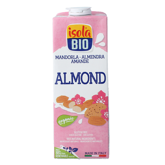 Organic Isola Bio almond drink in a 1-liter carton, showcasing a creamy almond beverage with a natural label and transparent packaging.