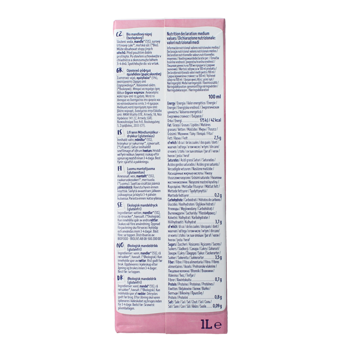 Organic Isola Bio almond drink in a 1-liter carton, featuring a creamy almond beverage in a natural setting.
