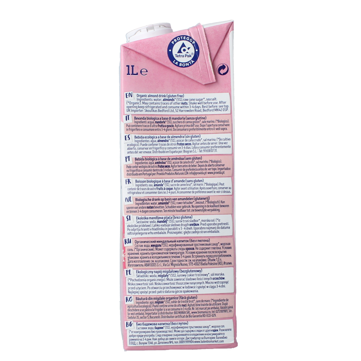 Organic Isola Bio almond drink in a 1-liter bottle, showcasing the smooth, nutty almond beverage in a clear container.