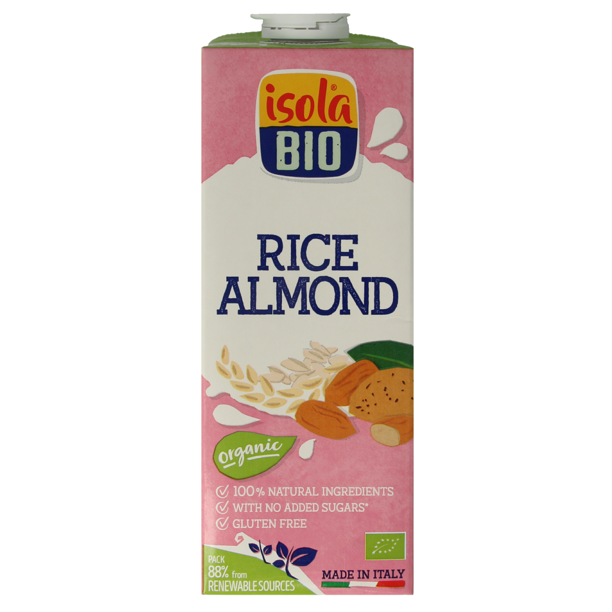 Isola Bio organic almond rice drink in a 1-liter carton featured in the image.