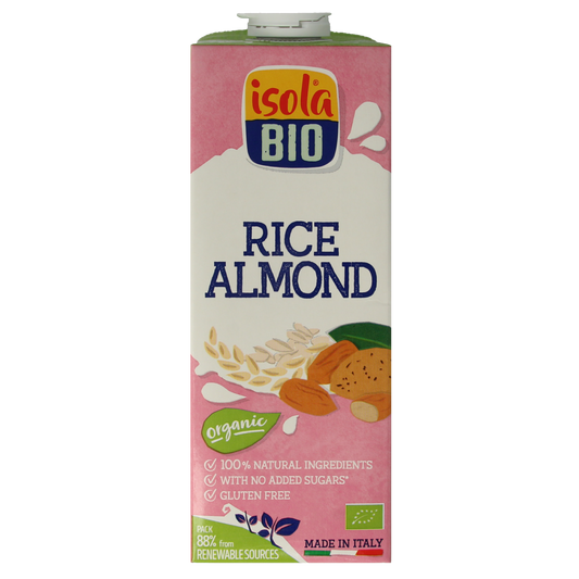 Isola Bio organic almond rice drink in a 1-liter carton featured in the image.