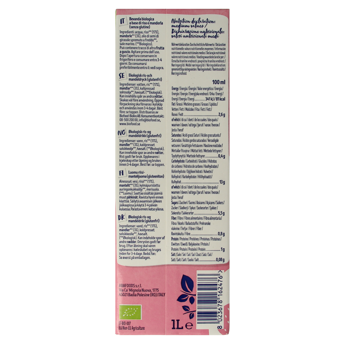 Organic Isola Bio almond rice drink in a 1-liter carton, dairy-free plant-based beverage for smoothies and cereals.
