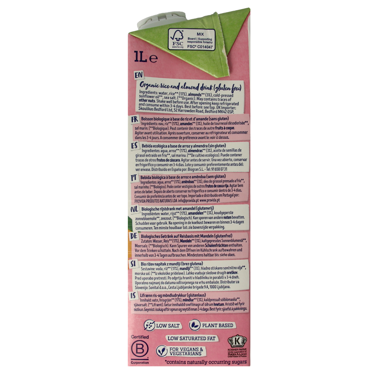 Bottle of Isola Bio organic almond rice drink, 1 liter, in a clear plastic container showing the label and beverage inside.