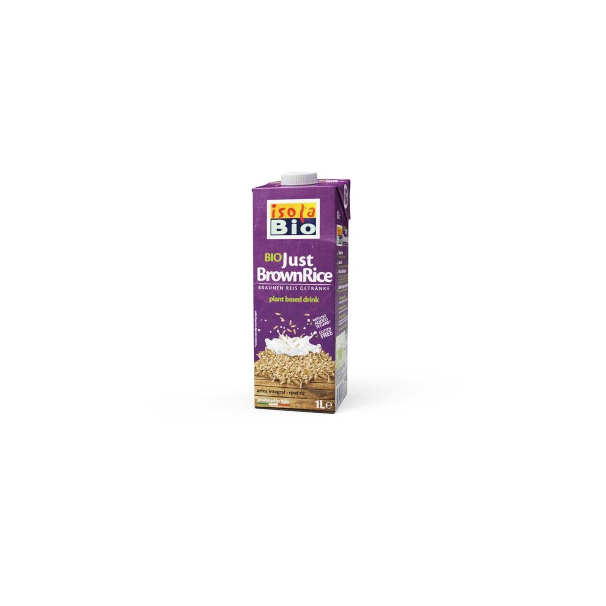Organic brown rice drink by Isola Bio in a 1-liter carton, suitable for drinks and cooking, with natural brown rice appearance.