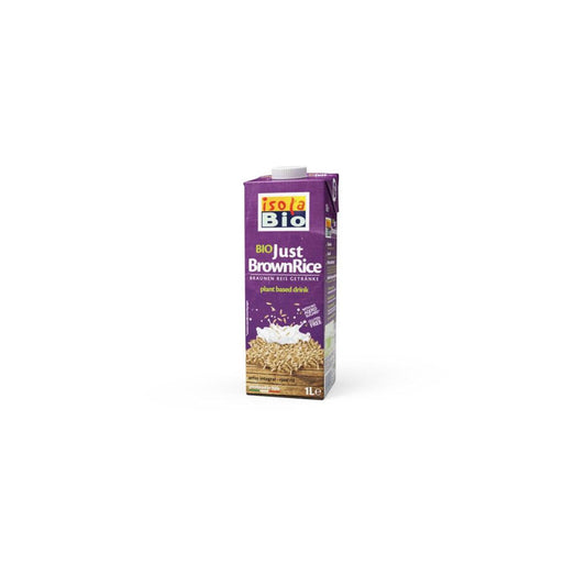 Organic brown rice drink by Isola Bio in a 1-liter carton, suitable for drinks and cooking, with natural brown rice appearance.