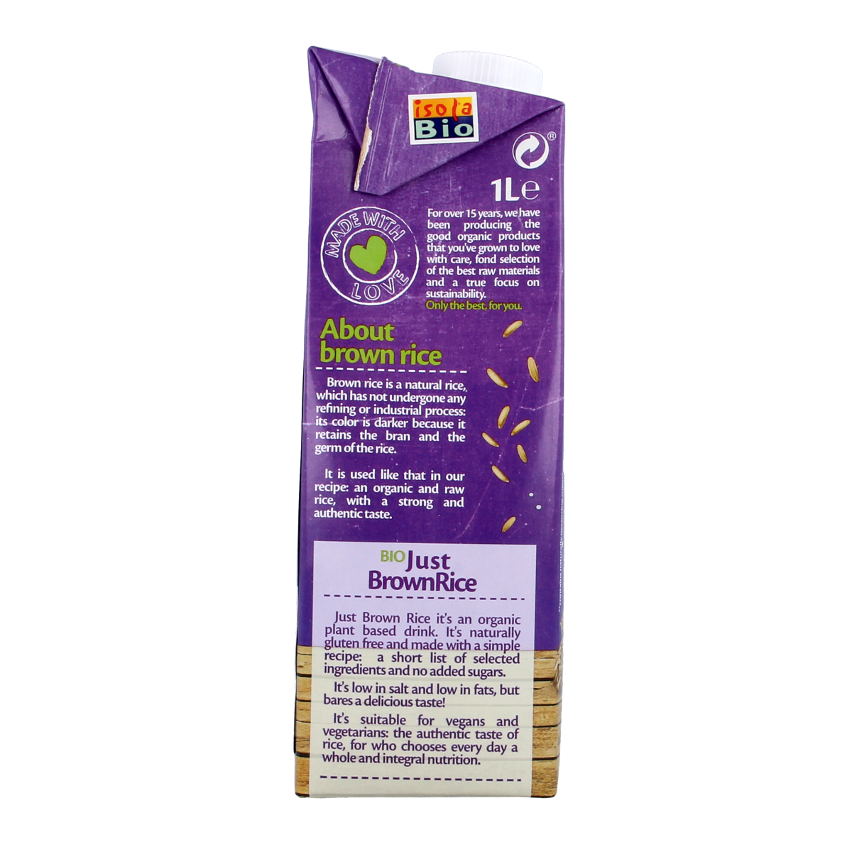Bottle of Isola Bio brown rice drink in a 1-liter container, natural brown rice beverage in eco-friendly packaging.